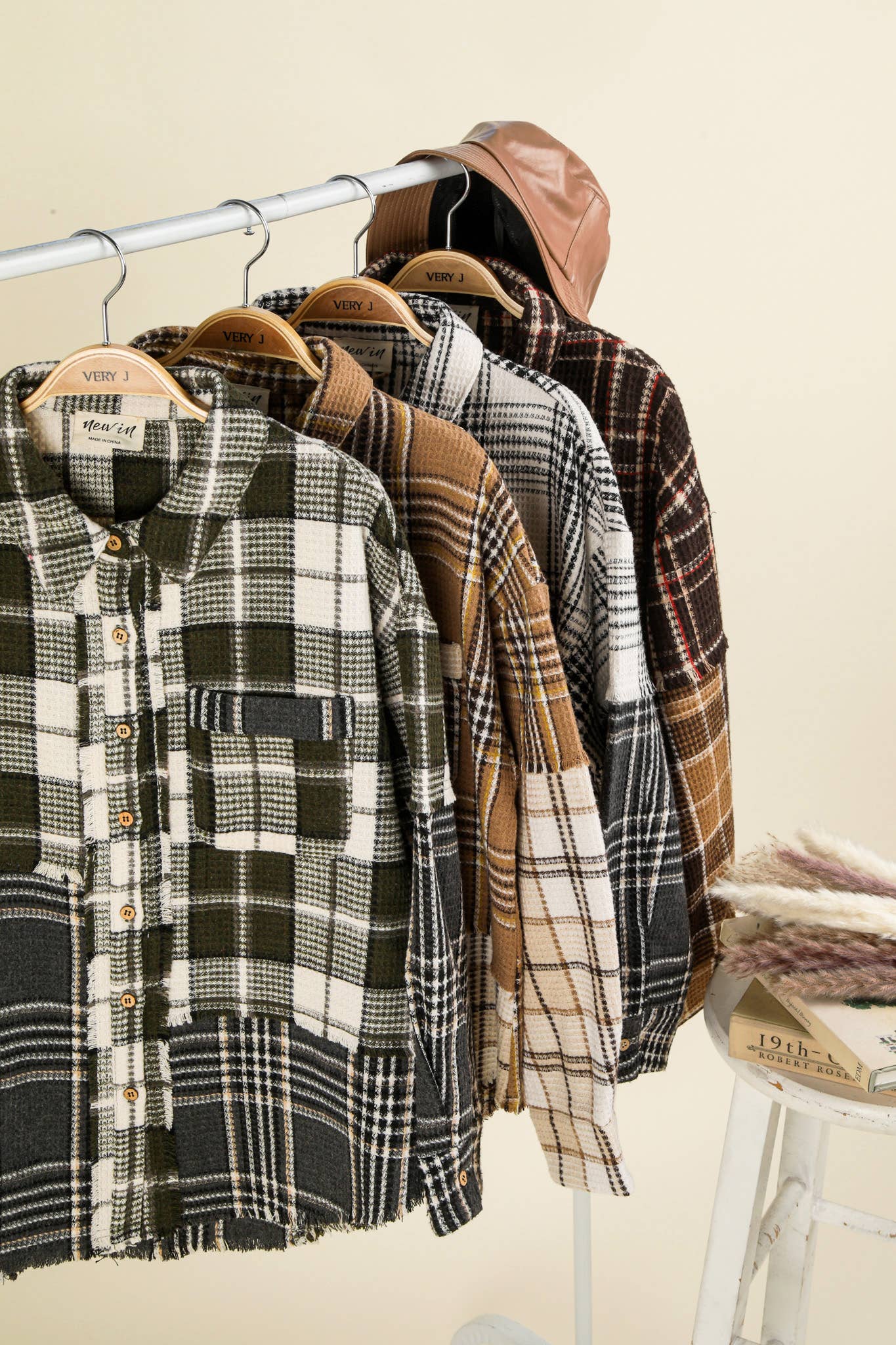NJ90261-Mixed Plaid Oversized Casual Shacket Jacket: MOCHA / S-M-L/2-2-2