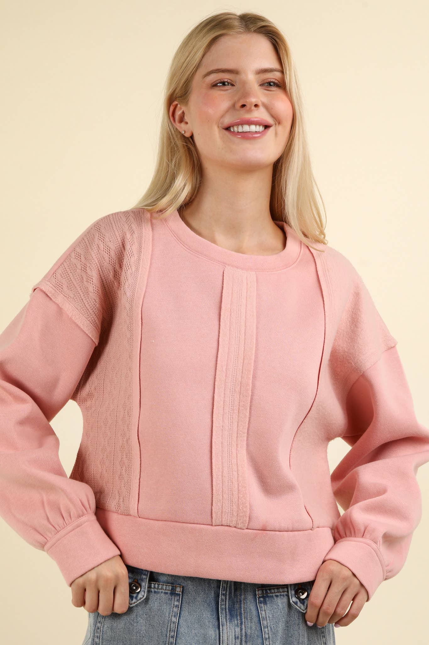 VT15193-Cable Contrast Detail Oversized Knit Crop Top: CHARCOAL / S-M-L/2-2-2