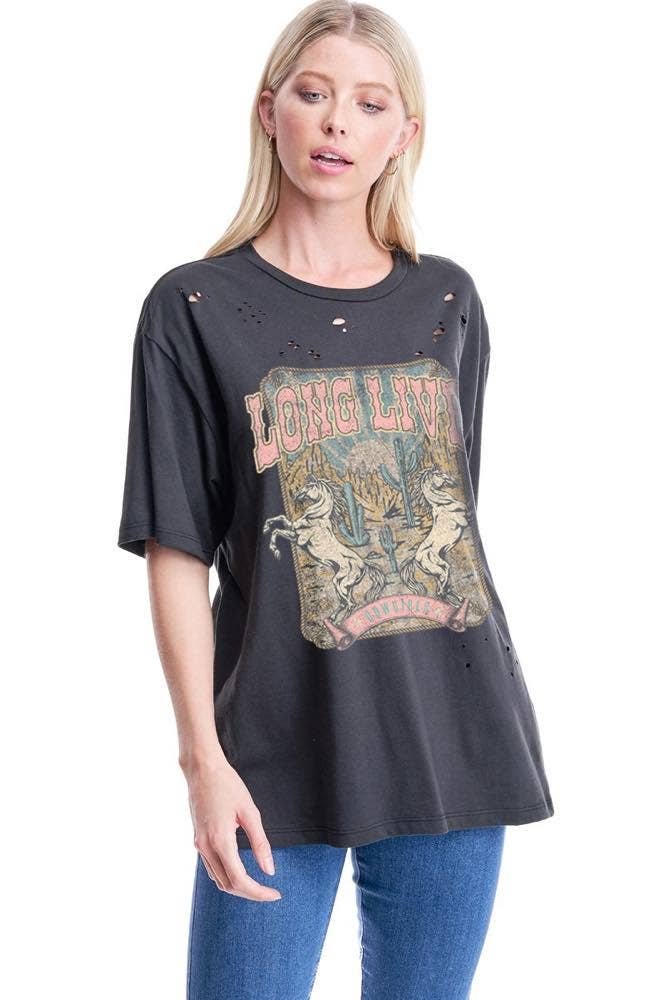 Long Live Cowgirls Vintage Graphic S/S Distressed Tee: LT KHAKI / L