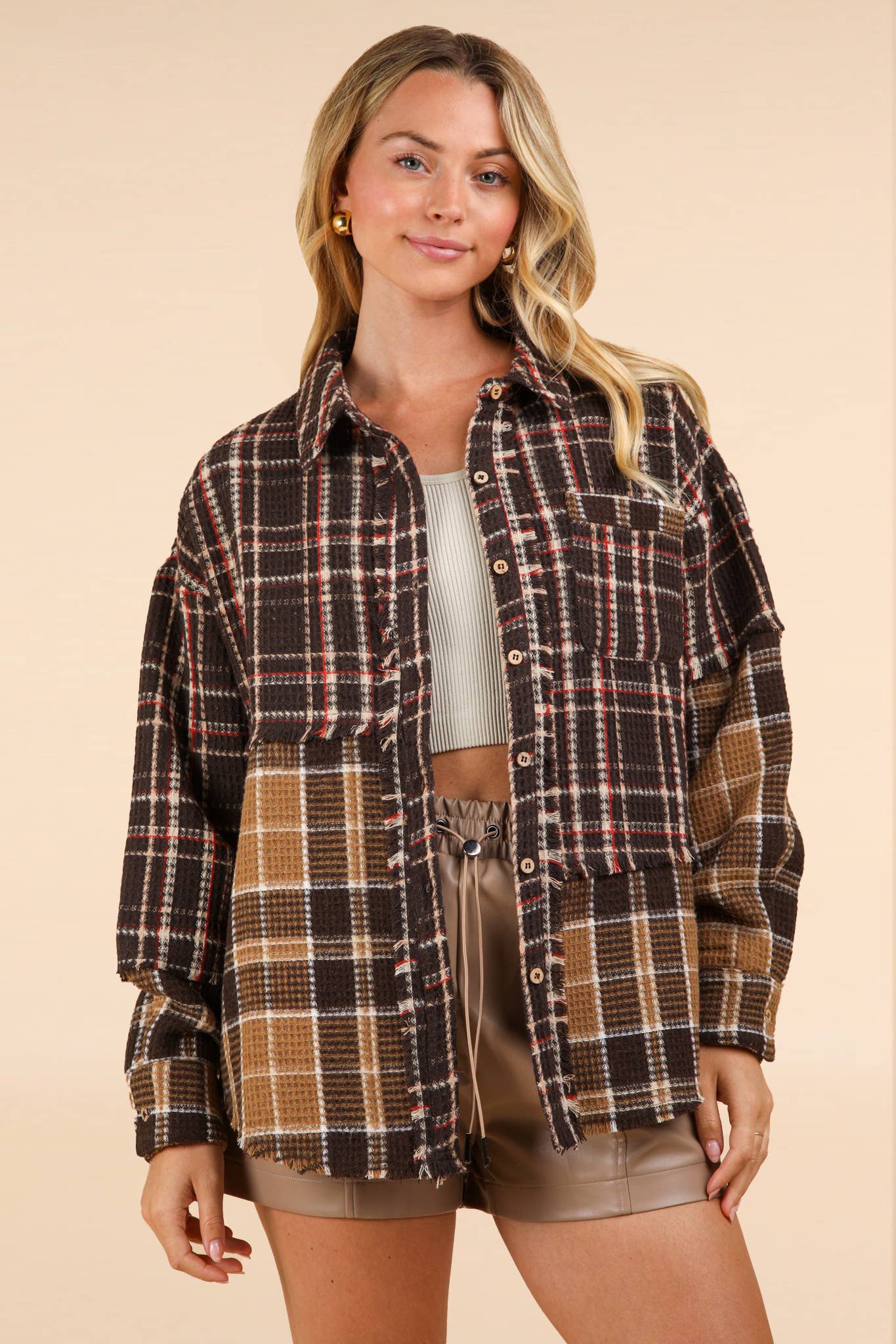 NJ90261-Mixed Plaid Oversized Casual Shacket Jacket: MOCHA / S-M-L/2-2-2