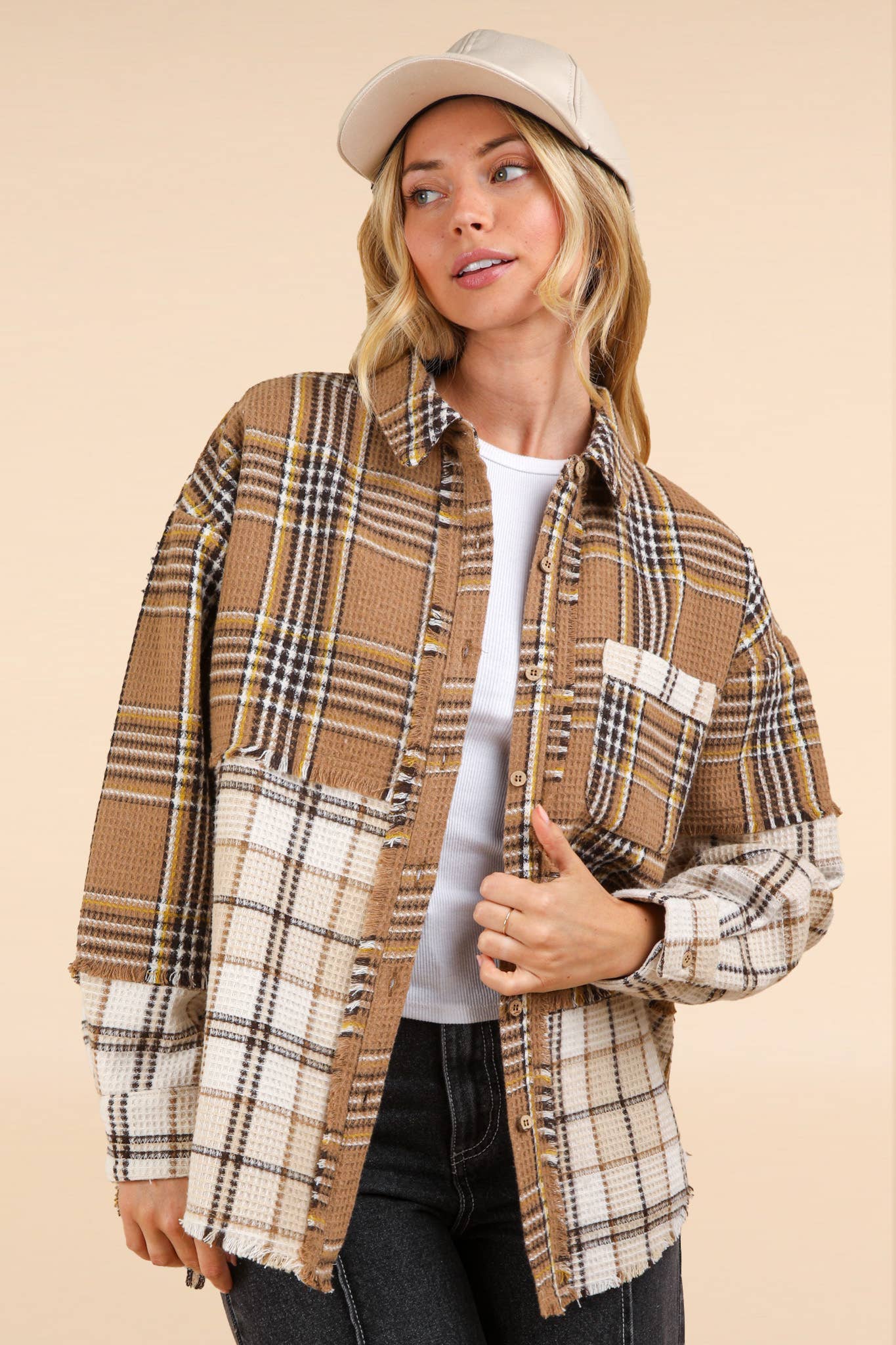 NJ90261-Mixed Plaid Oversized Casual Shacket Jacket: MOCHA / S-M-L/2-2-2