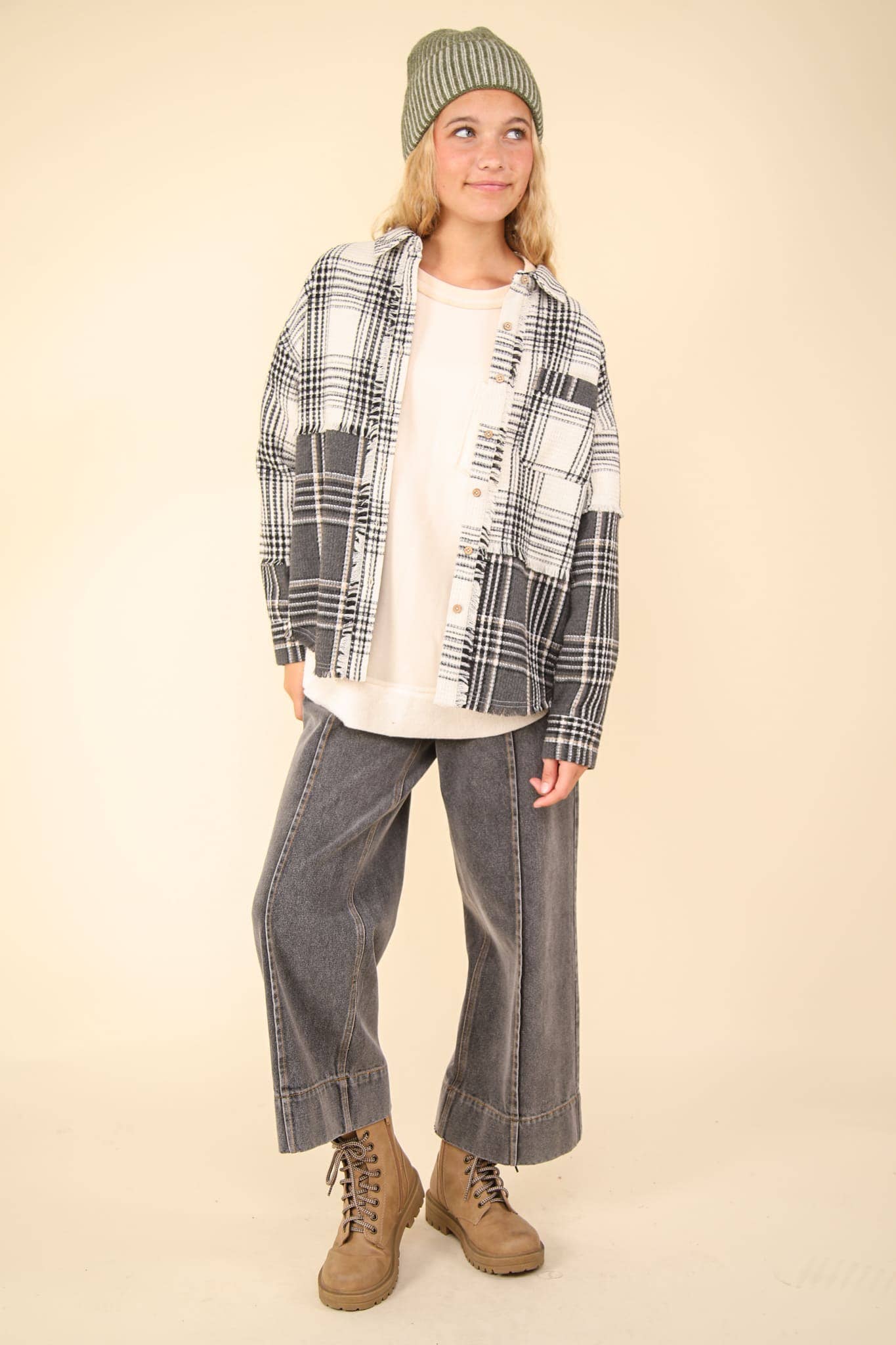 NJ90261-Mixed Plaid Oversized Casual Shacket Jacket: MOCHA / S-M-L/2-2-2