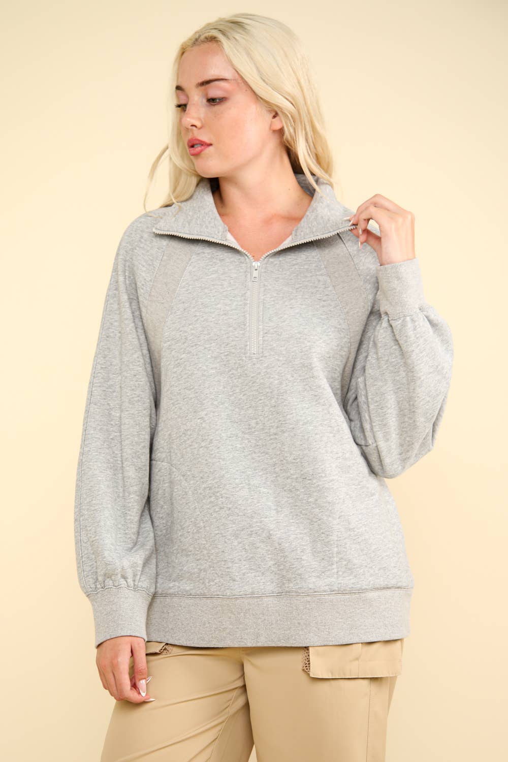 NT11849-Oversized Sweatshirt Henley Knit Top: MAUVE / S-M-L/2-2-2