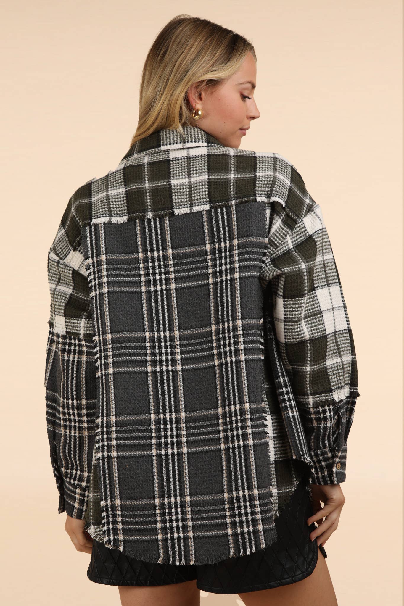 NJ90261-Mixed Plaid Oversized Casual Shacket Jacket: MOCHA / S-M-L/2-2-2