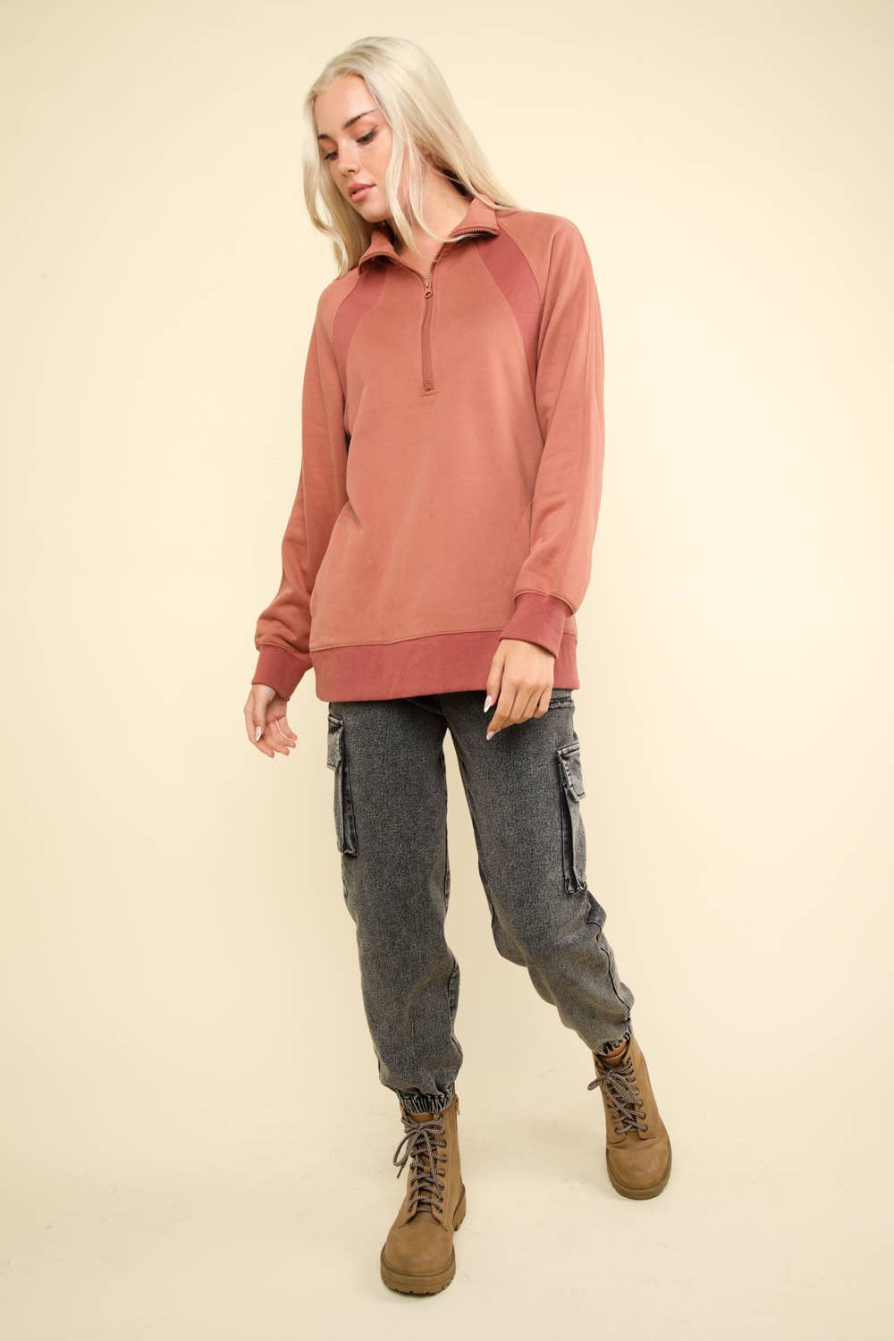 NT11849-Oversized Sweatshirt Henley Knit Top: MAUVE / S-M-L/2-2-2