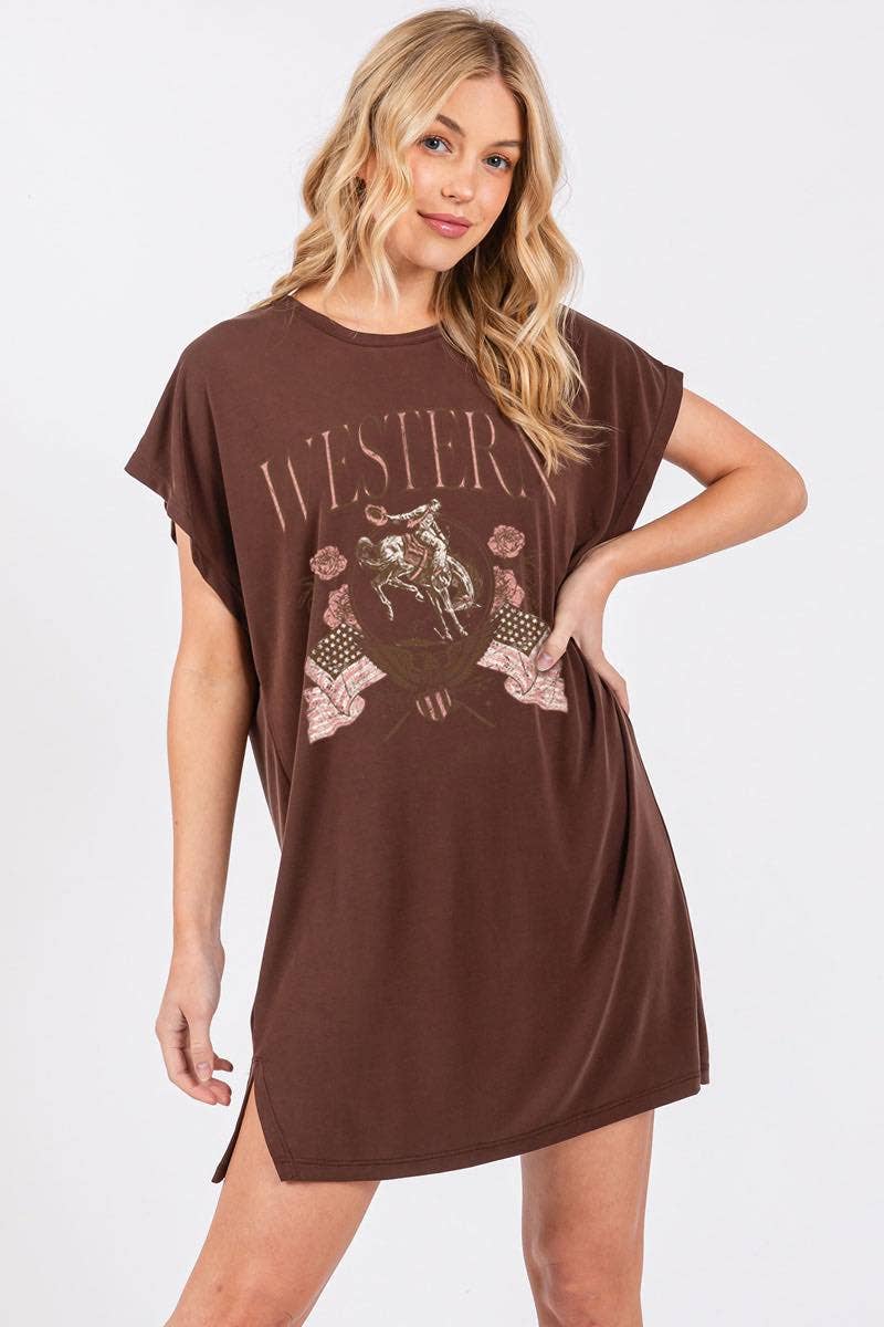 Western Cowboy Vintage Graphic Tunic: BLACK / S
