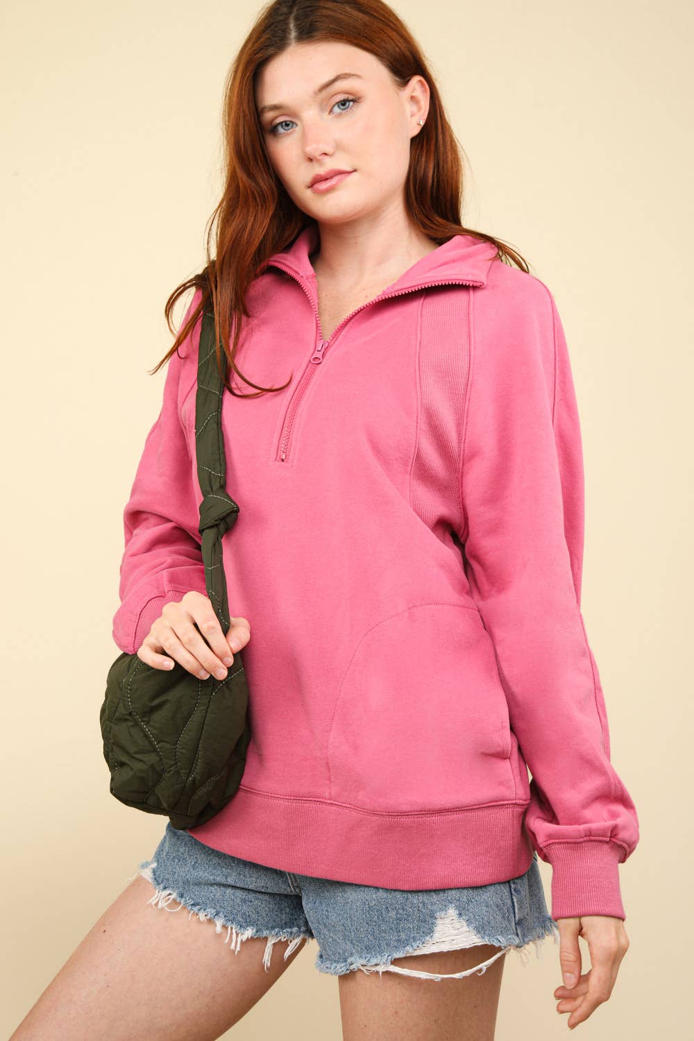 NT11849-Oversized Sweatshirt Henley Knit Top: MAUVE / S-M-L/2-2-2