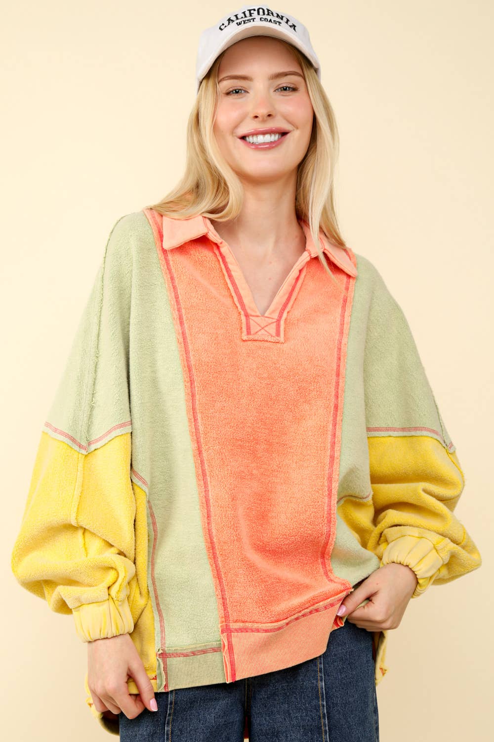 NT11903-Color Block Frenchy Terry Oversized Knit Top: TAUPE / SM-ML/3-3
