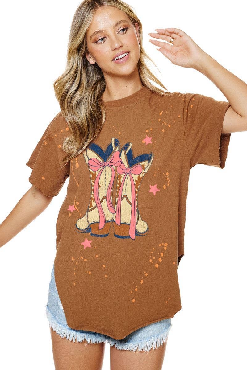 PUFF' Bow Cowboy Boots Graphic Bleached Top: INK / S