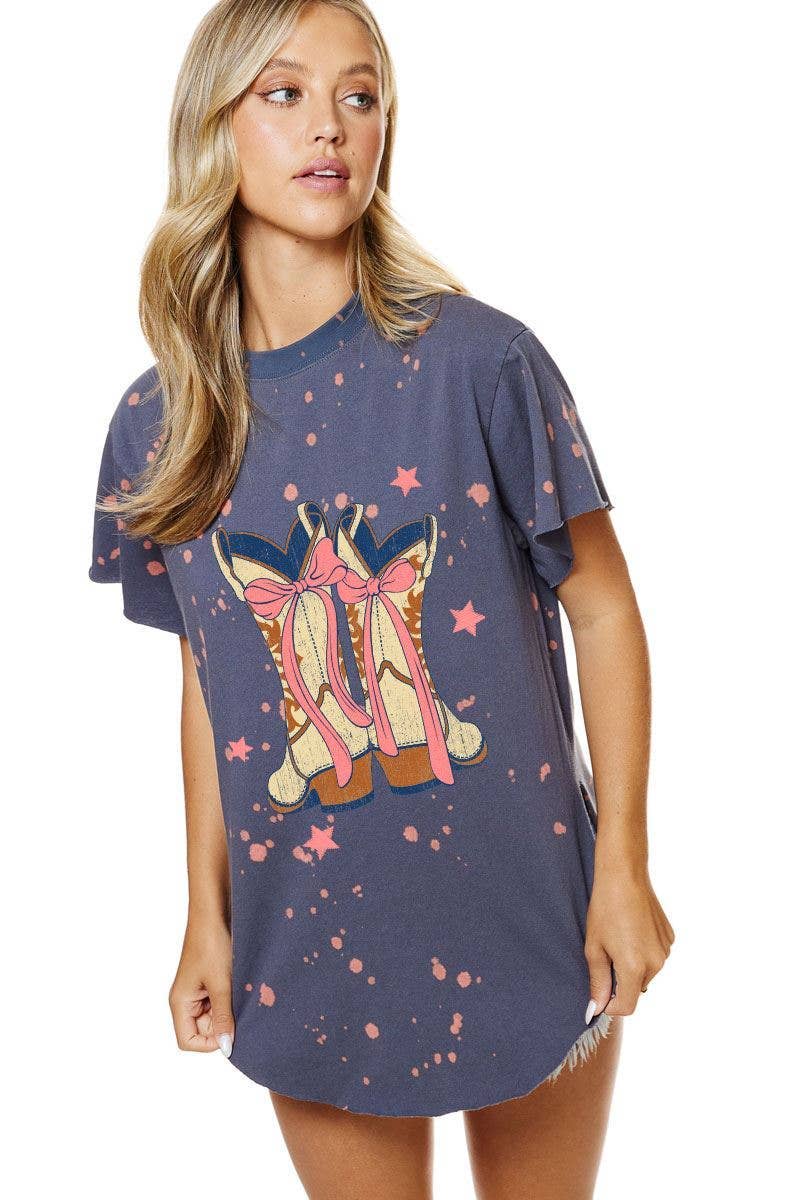 PUFF' Bow Cowboy Boots Graphic Bleached Top: INK / M