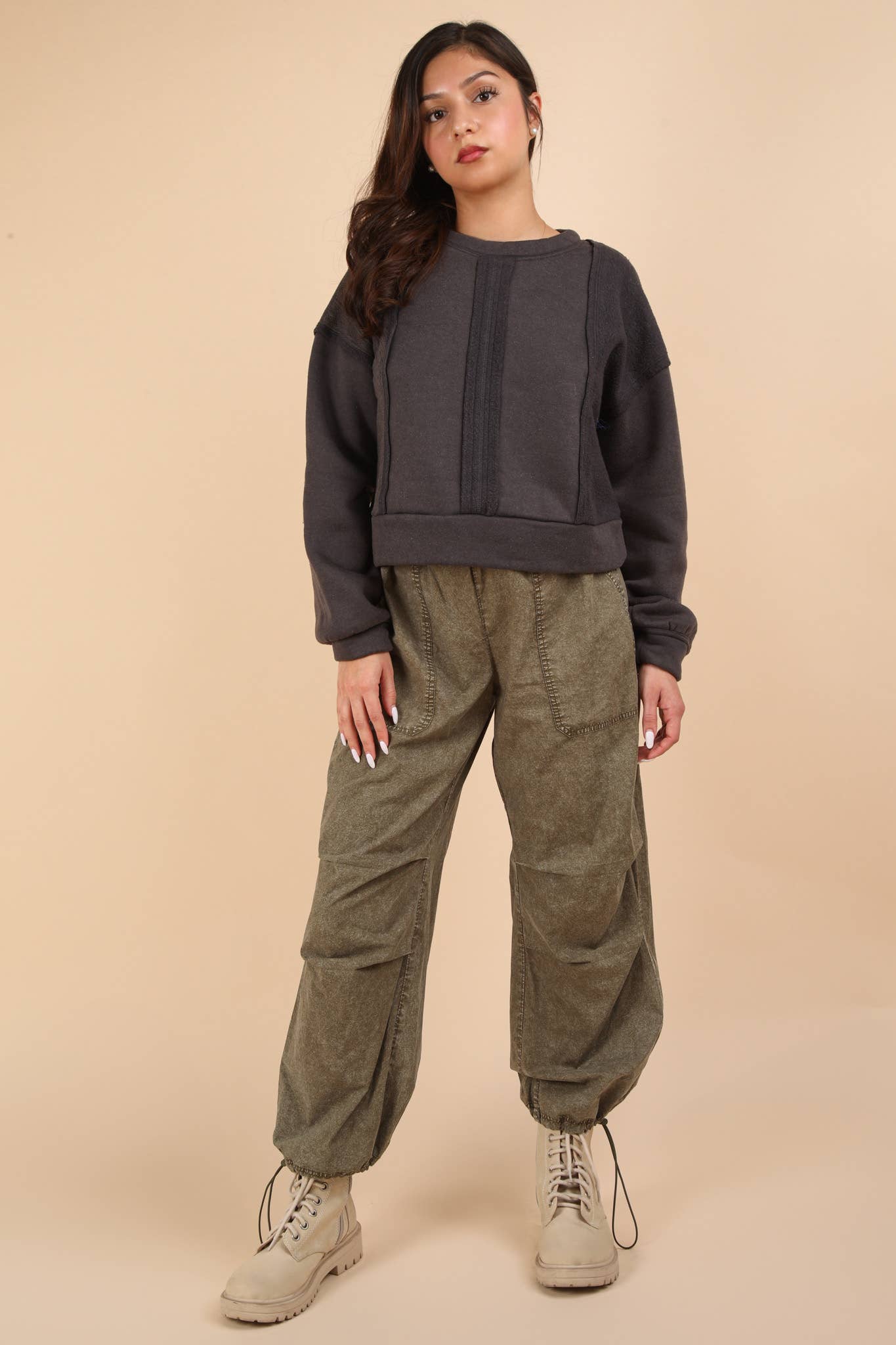 VT15193-Cable Contrast Detail Oversized Knit Crop Top: CHARCOAL / S-M-L/2-2-2