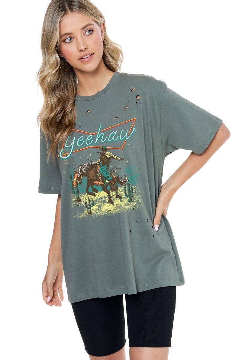 Yee Haw Cowboy Vintage Graphic S/S Distressed Tee: NEON / M