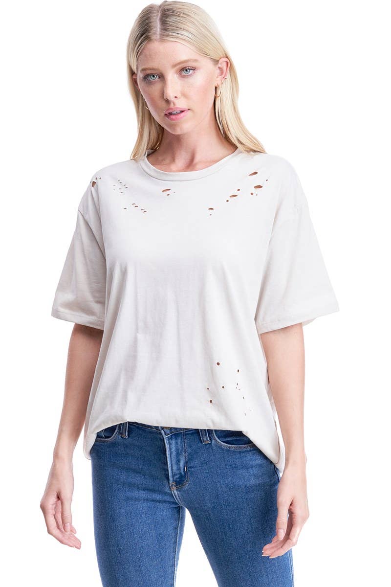 DISTRESSED S/S BOX FIT TEE: LT KHAKI / S
