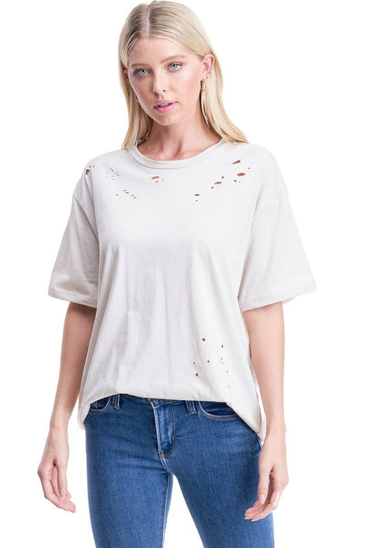 DISTRESSED S/S BOX FIT TEE: LT KHAKI / M