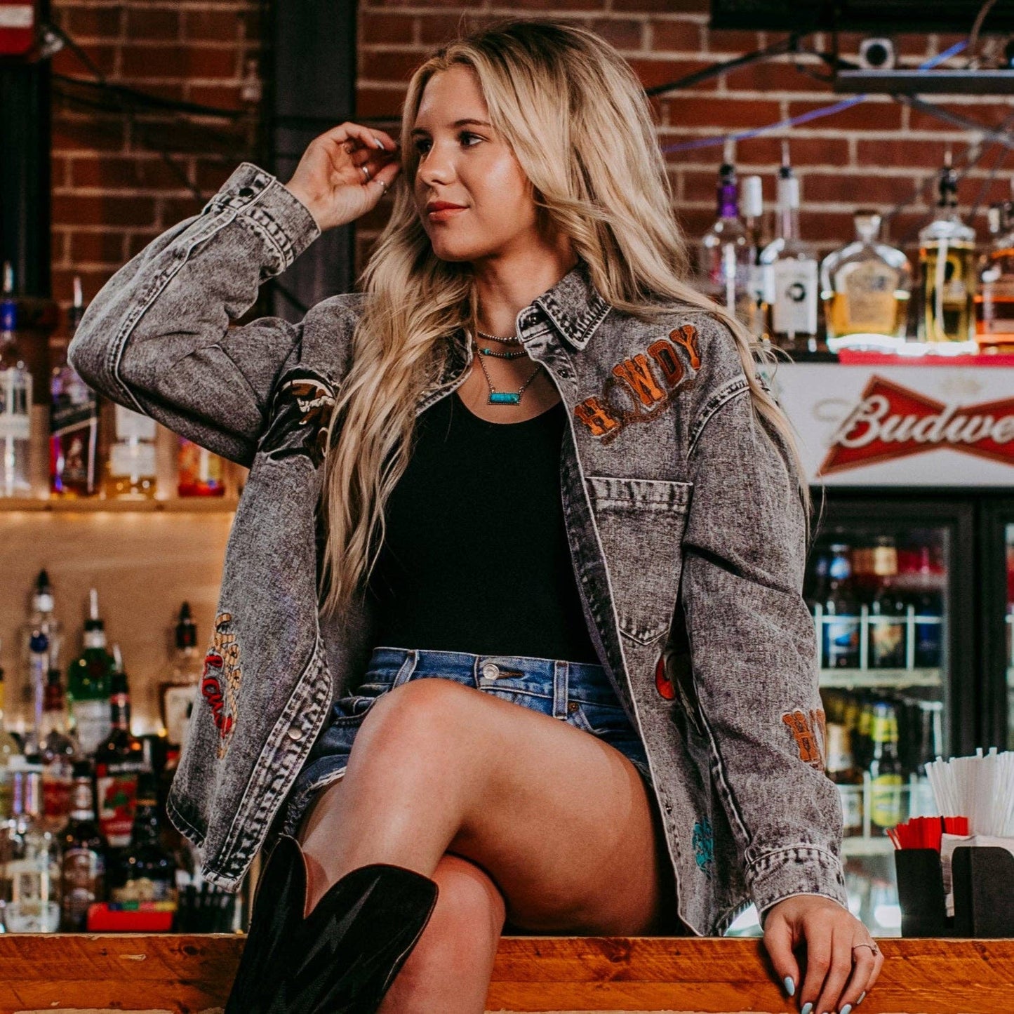 MK671J Wild West Embroidery Denim Shacket: Charcoal / L