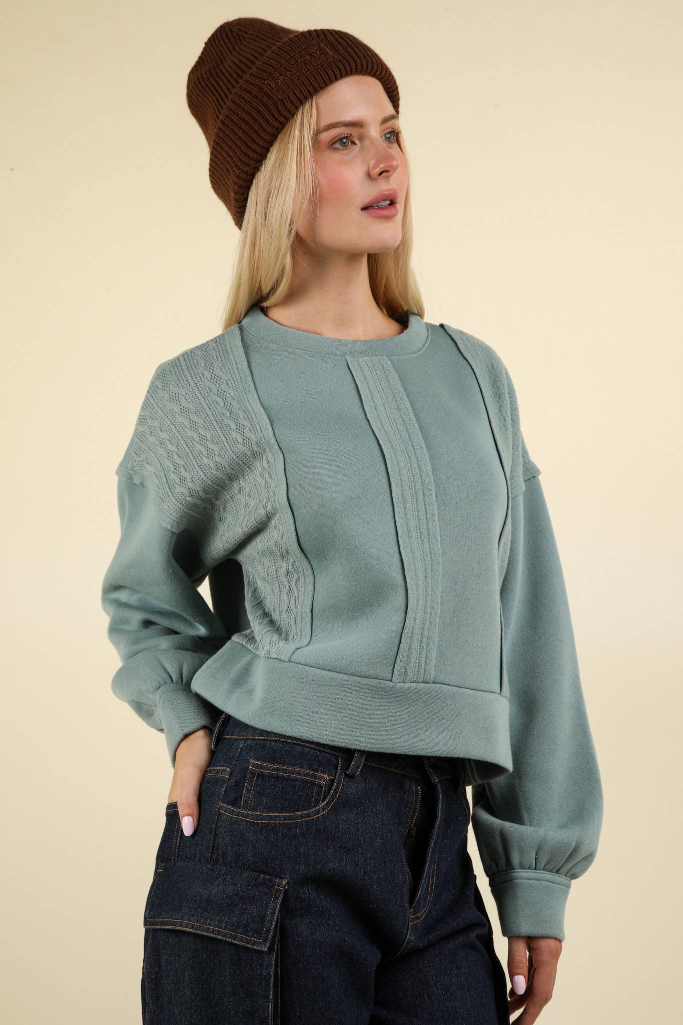 VT15193-Cable Contrast Detail Oversized Knit Crop Top: CHARCOAL / S-M-L/2-2-2