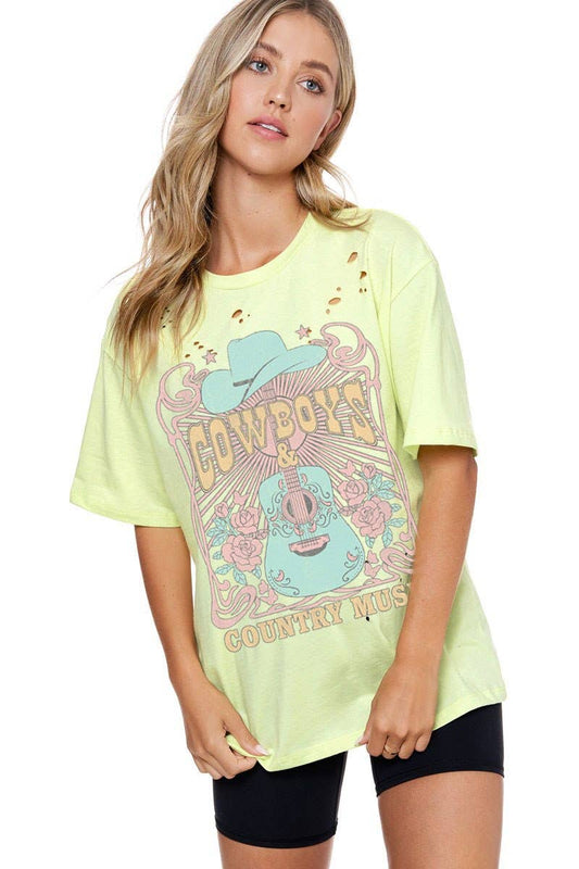 Cowboys & Country Music Graphic S/S Distressed Tee: Neon / S