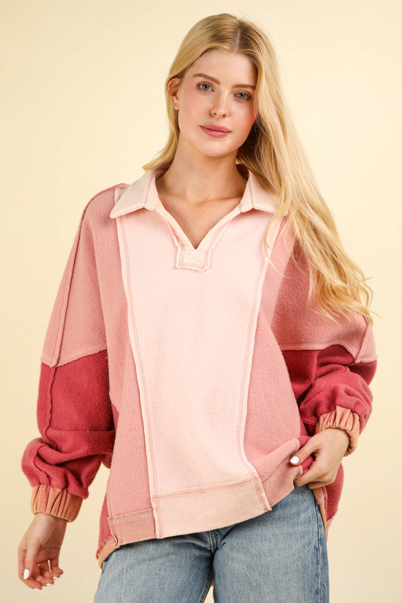 NT11903-Color Block Frenchy Terry Oversized Knit Top: TAUPE / SM-ML/3-3