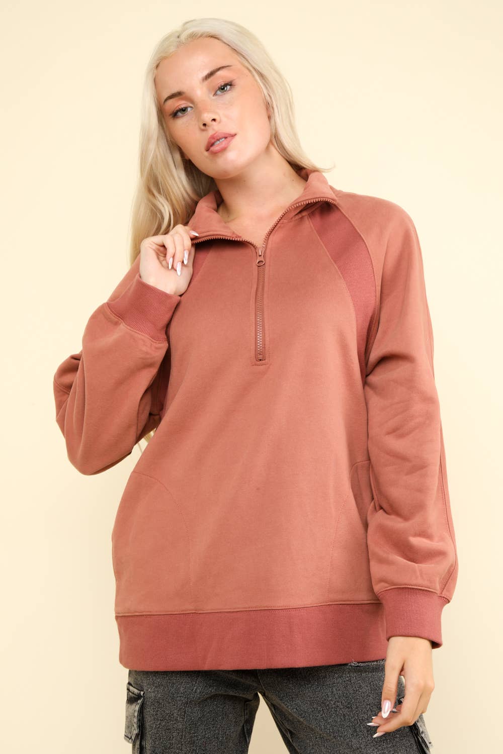 NT11849-Oversized Sweatshirt Henley Knit Top: MAUVE / S-M-L/2-2-2