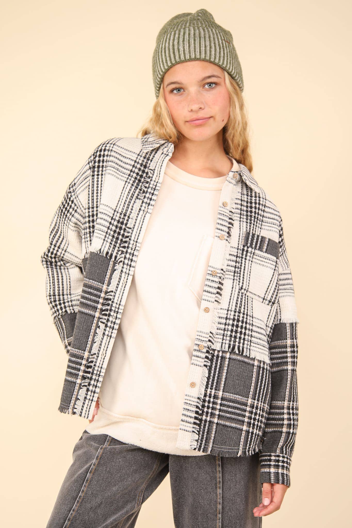 NJ90261-Mixed Plaid Oversized Casual Shacket Jacket: MOCHA / S-M-L/2-2-2