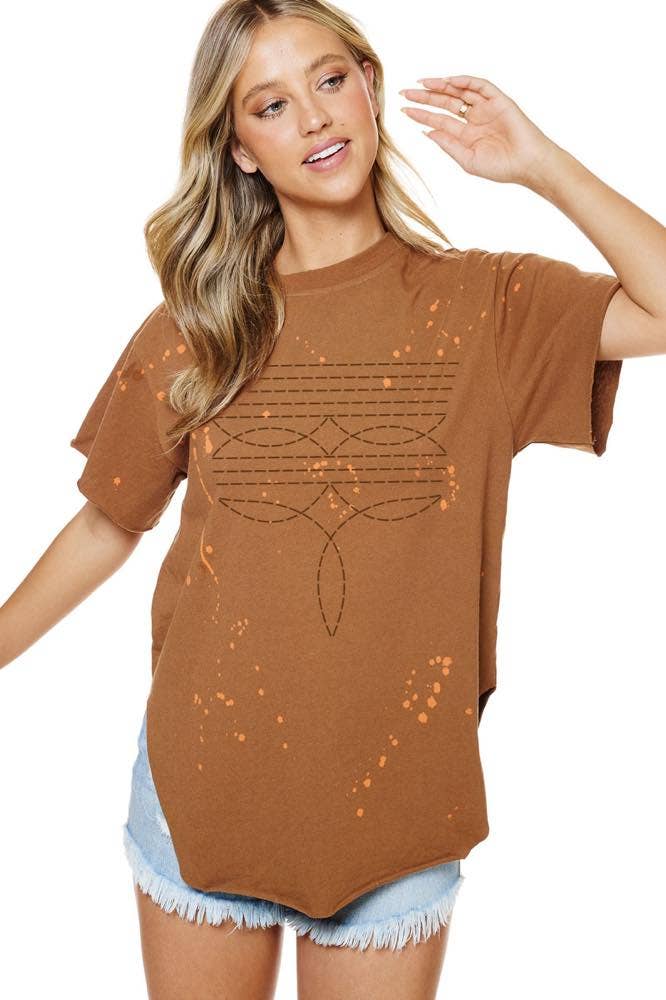 Western Cowboy Boots Toe Stitch Graphic Bleached Top: COPPER / L