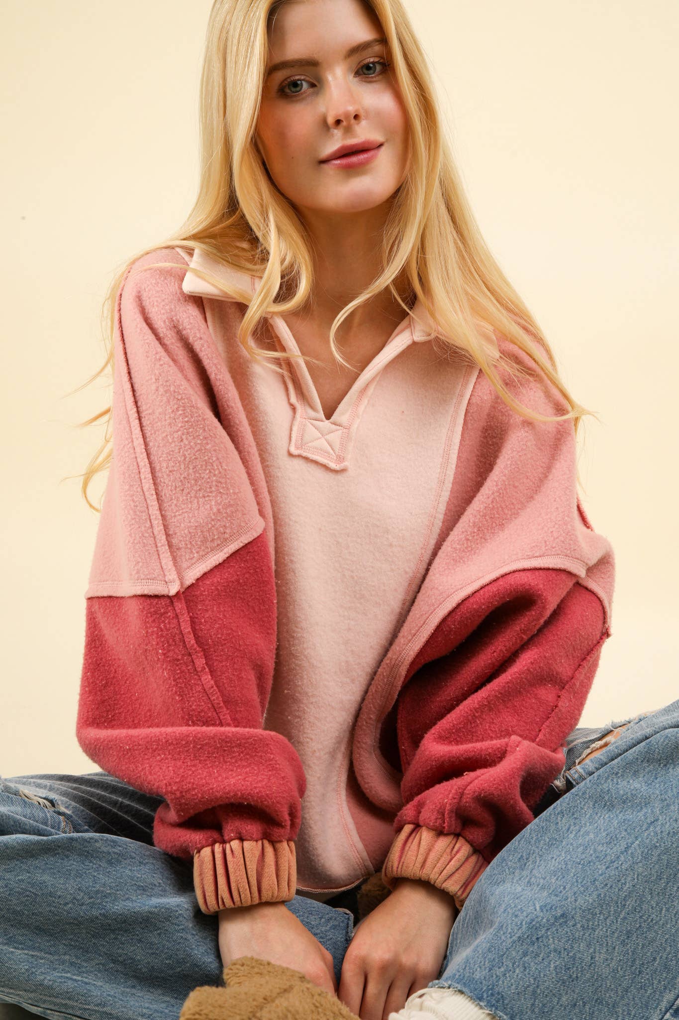 NT11903-Color Block Frenchy Terry Oversized Knit Top: TAUPE / SM-ML/3-3