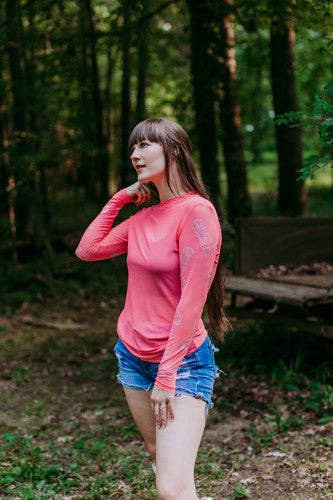 MK425 Dylan brown Rhinestone Embellished Mesh LS Top - Pink: Pink / 1XL