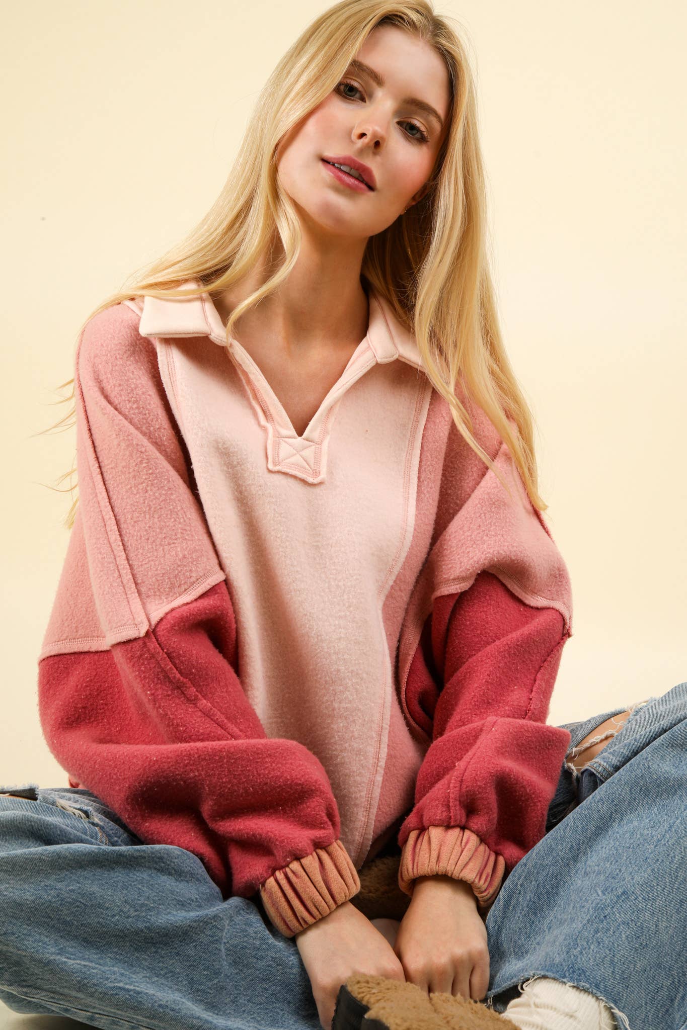 NT11903-Color Block Frenchy Terry Oversized Knit Top: TAUPE / SM-ML/3-3