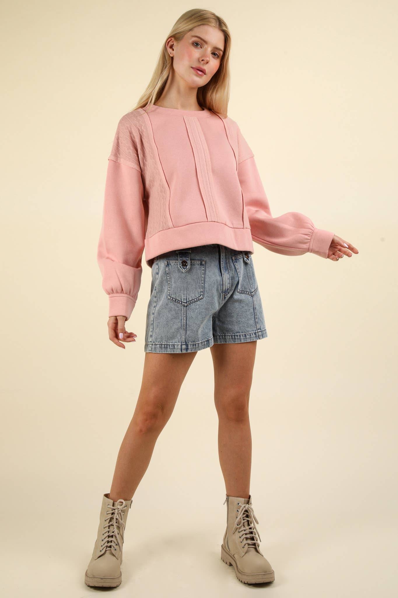 VT15193-Cable Contrast Detail Oversized Knit Crop Top: CHARCOAL / S-M-L/2-2-2