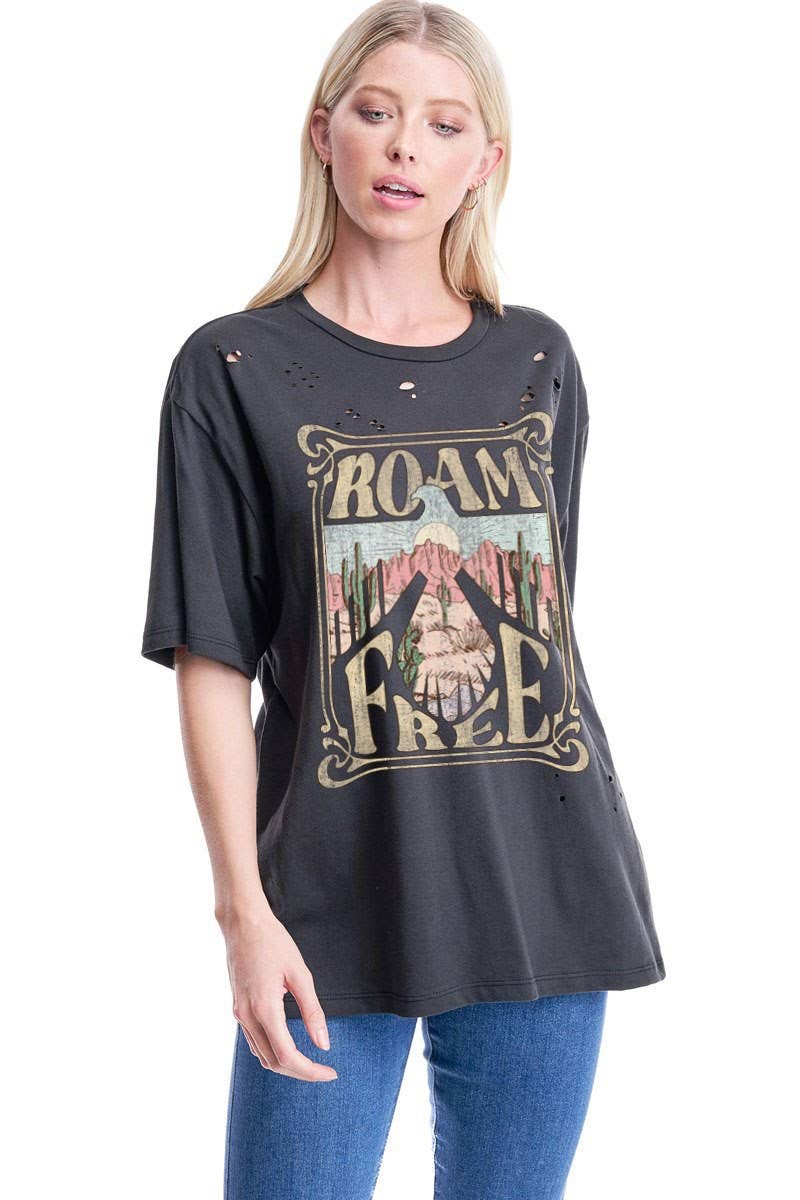 Roam Free Thunderbird Desert Graphic S/S Distressed Tee: BLACK / S