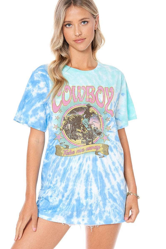 Cowboy Take Me Away Graphic Tie Dye Top: GREEN/BLUE / L