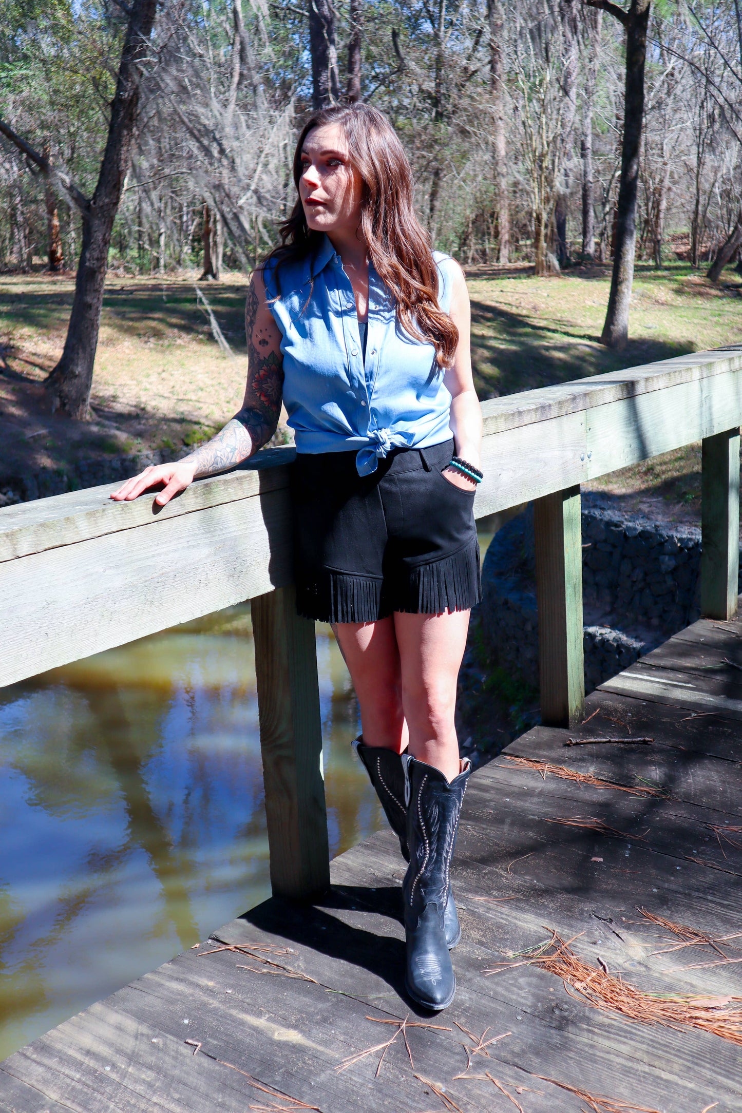 MK019 Back 40 Chambray Western Yoke Button Up Top - 2 Colors: S / Light Chambray