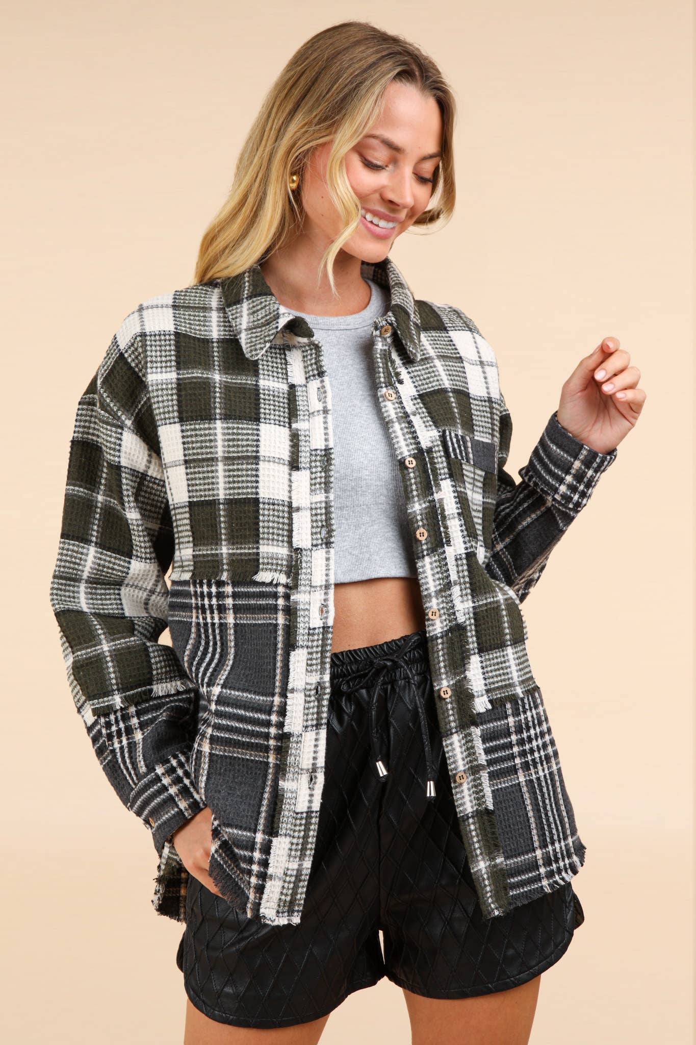 NJ90261-Mixed Plaid Oversized Casual Shacket Jacket: MOCHA / S-M-L/2-2-2