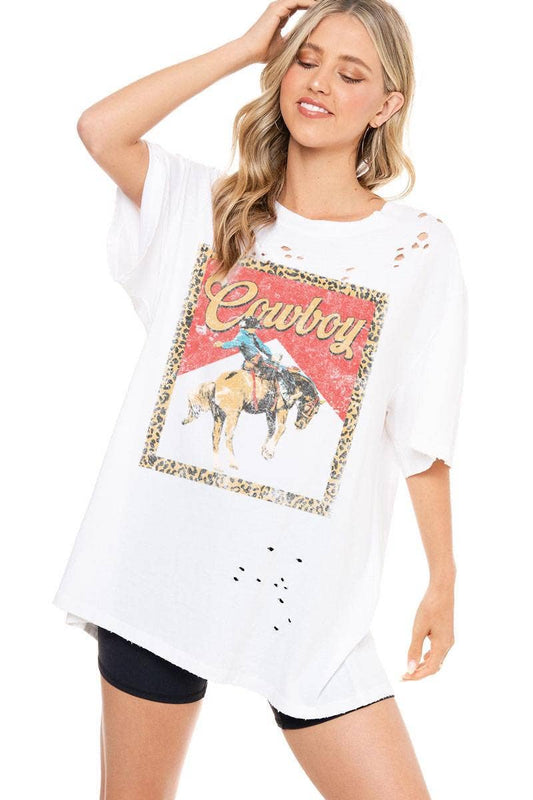 Cowboy Western Vintage Distressed Graphic Top: WHITE / M/L