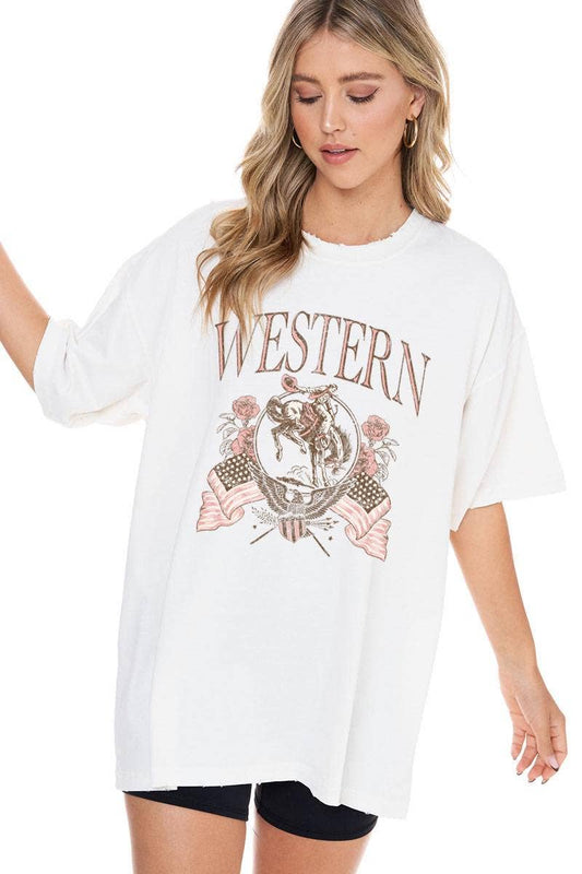 Western Cowboy Oversized Vintage Graphic Top: WHITE / S/M