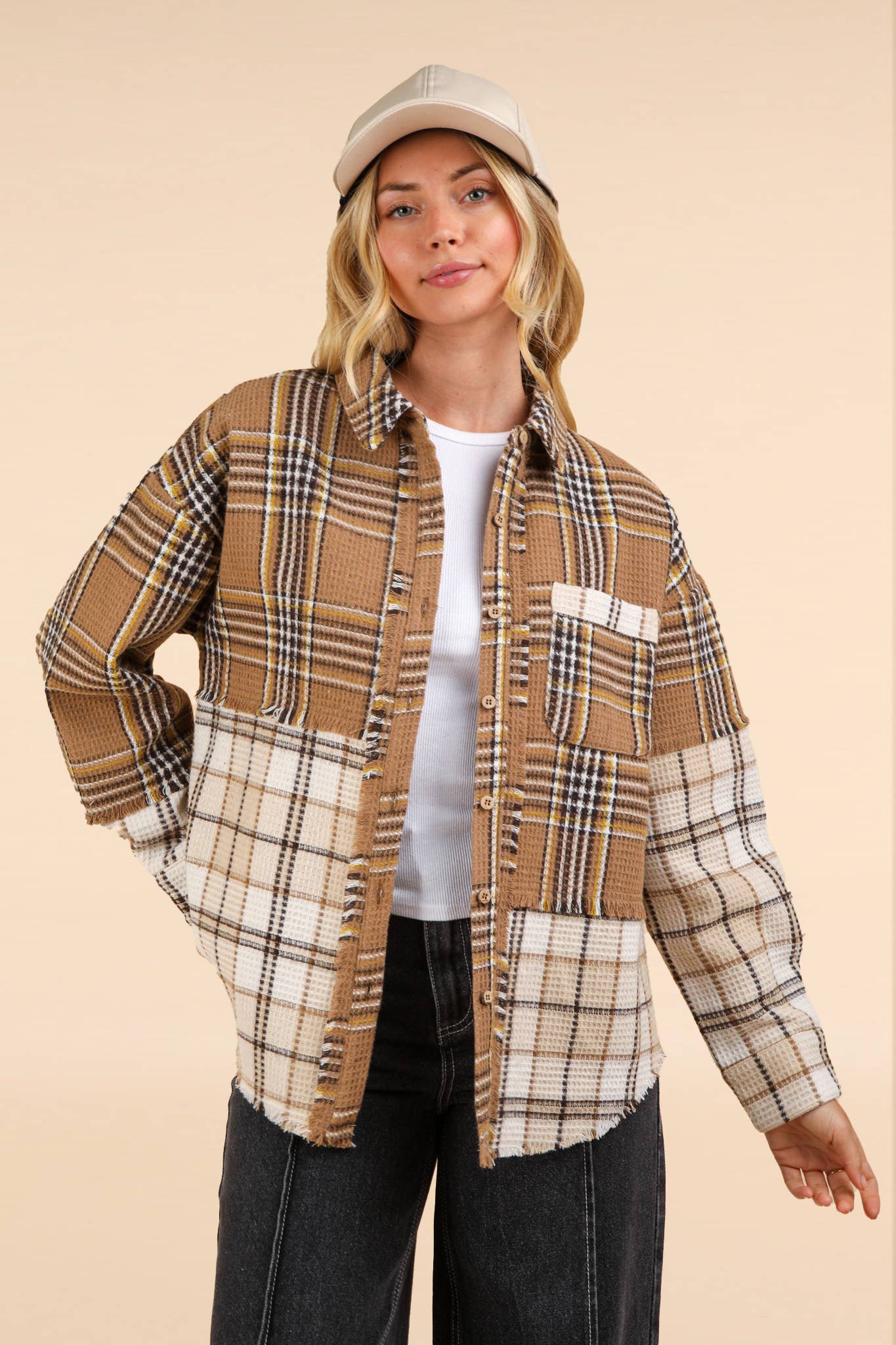 NJ90261-Mixed Plaid Oversized Casual Shacket Jacket: MOCHA / S-M-L/2-2-2