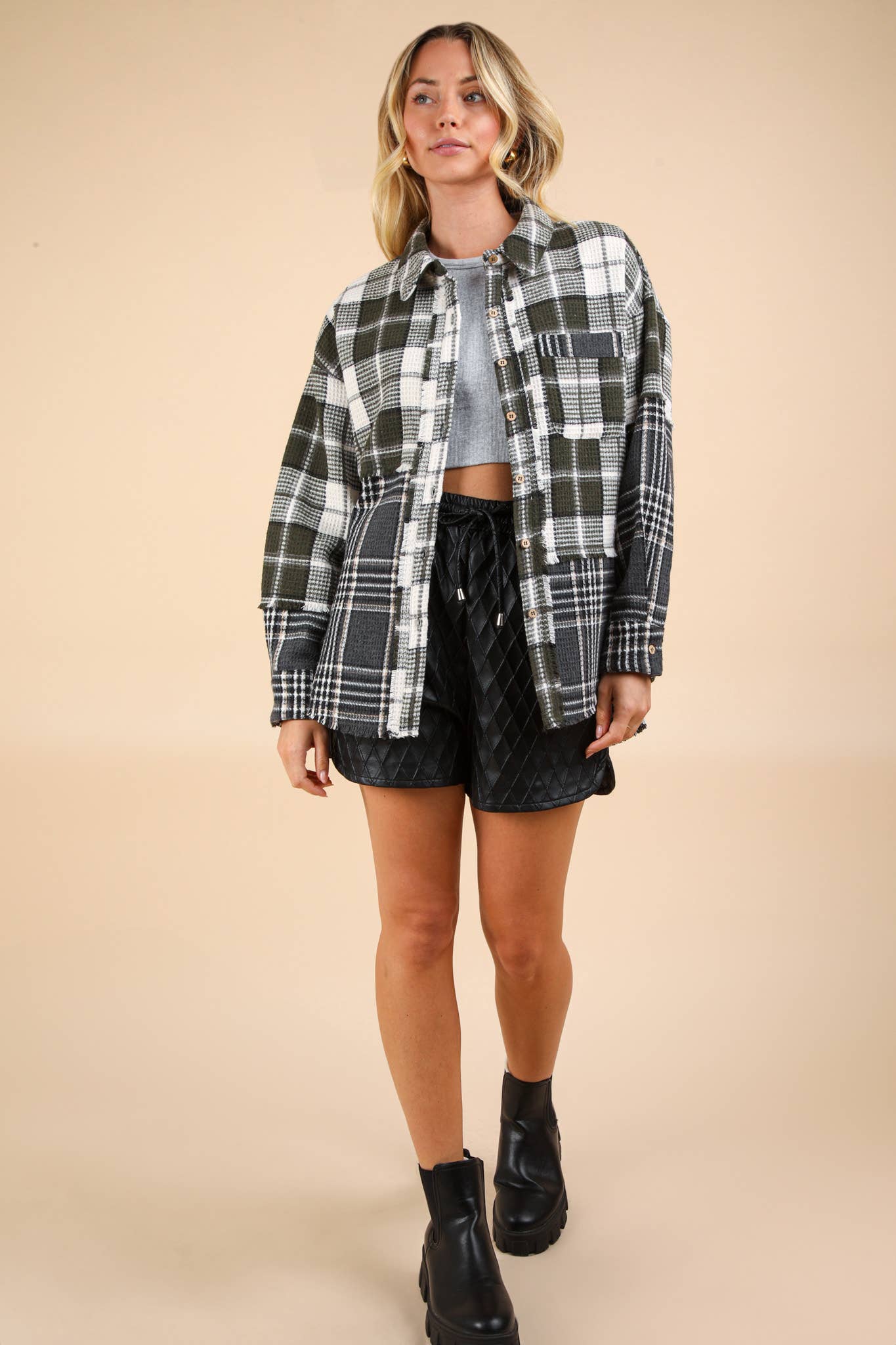 NJ90261-Mixed Plaid Oversized Casual Shacket Jacket: MOCHA / S-M-L/2-2-2
