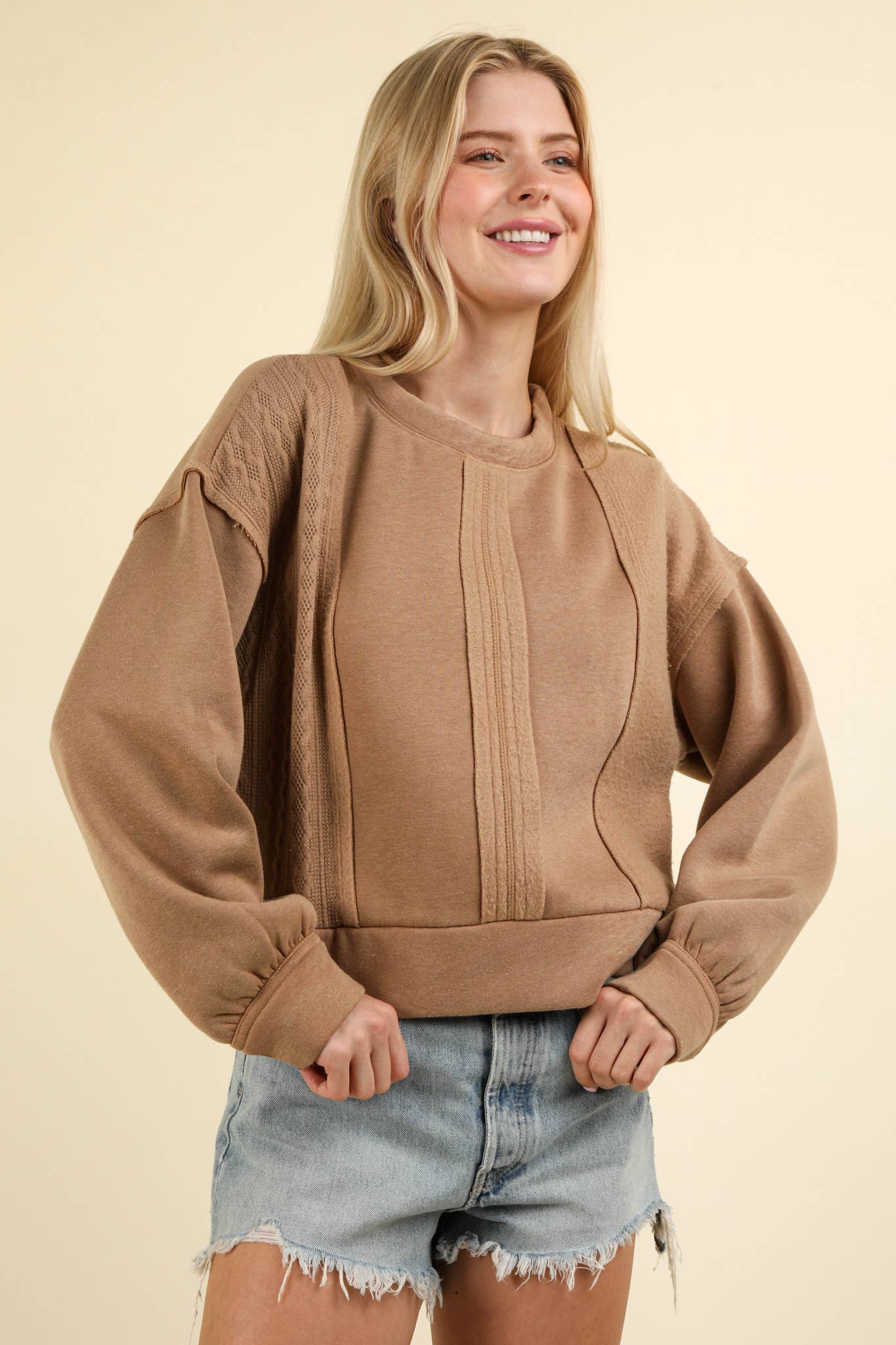 VT15193-Cable Contrast Detail Oversized Knit Crop Top: CHARCOAL / S-M-L/2-2-2