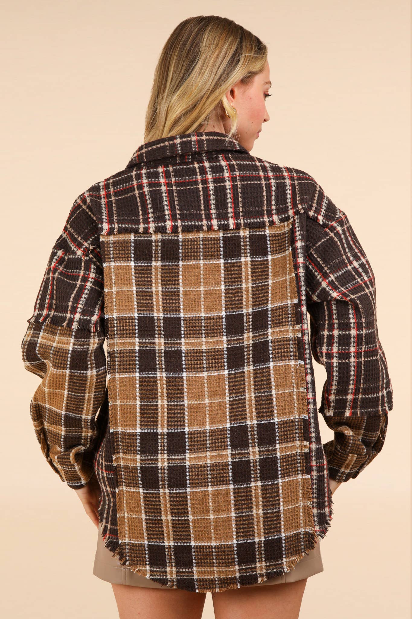 NJ90261-Mixed Plaid Oversized Casual Shacket Jacket: MOCHA / S-M-L/2-2-2