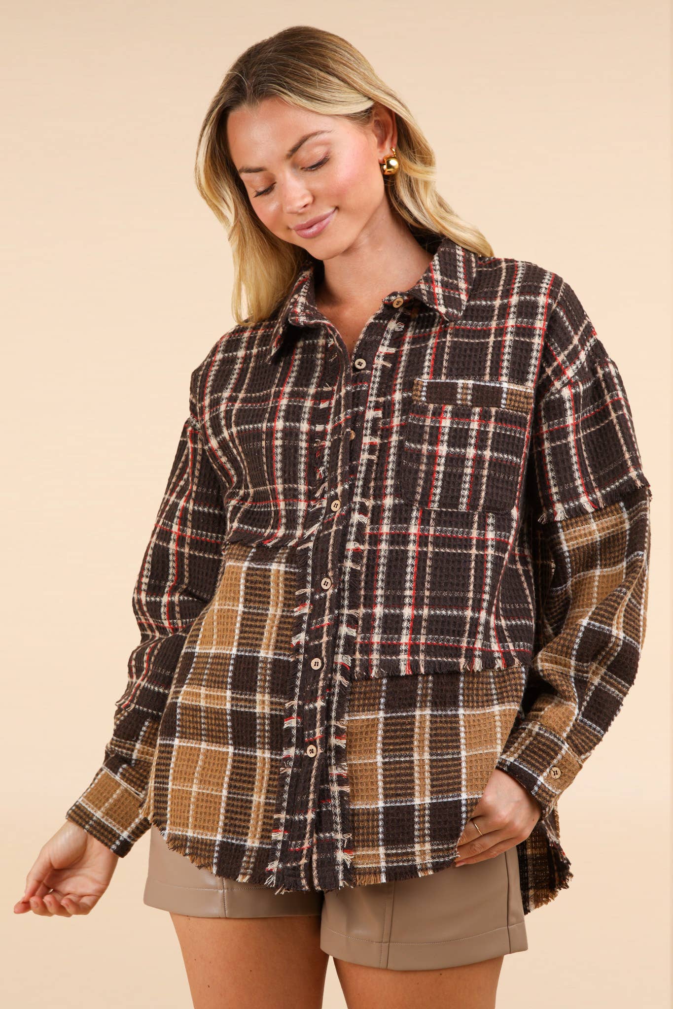 NJ90261-Mixed Plaid Oversized Casual Shacket Jacket: MOCHA / S-M-L/2-2-2