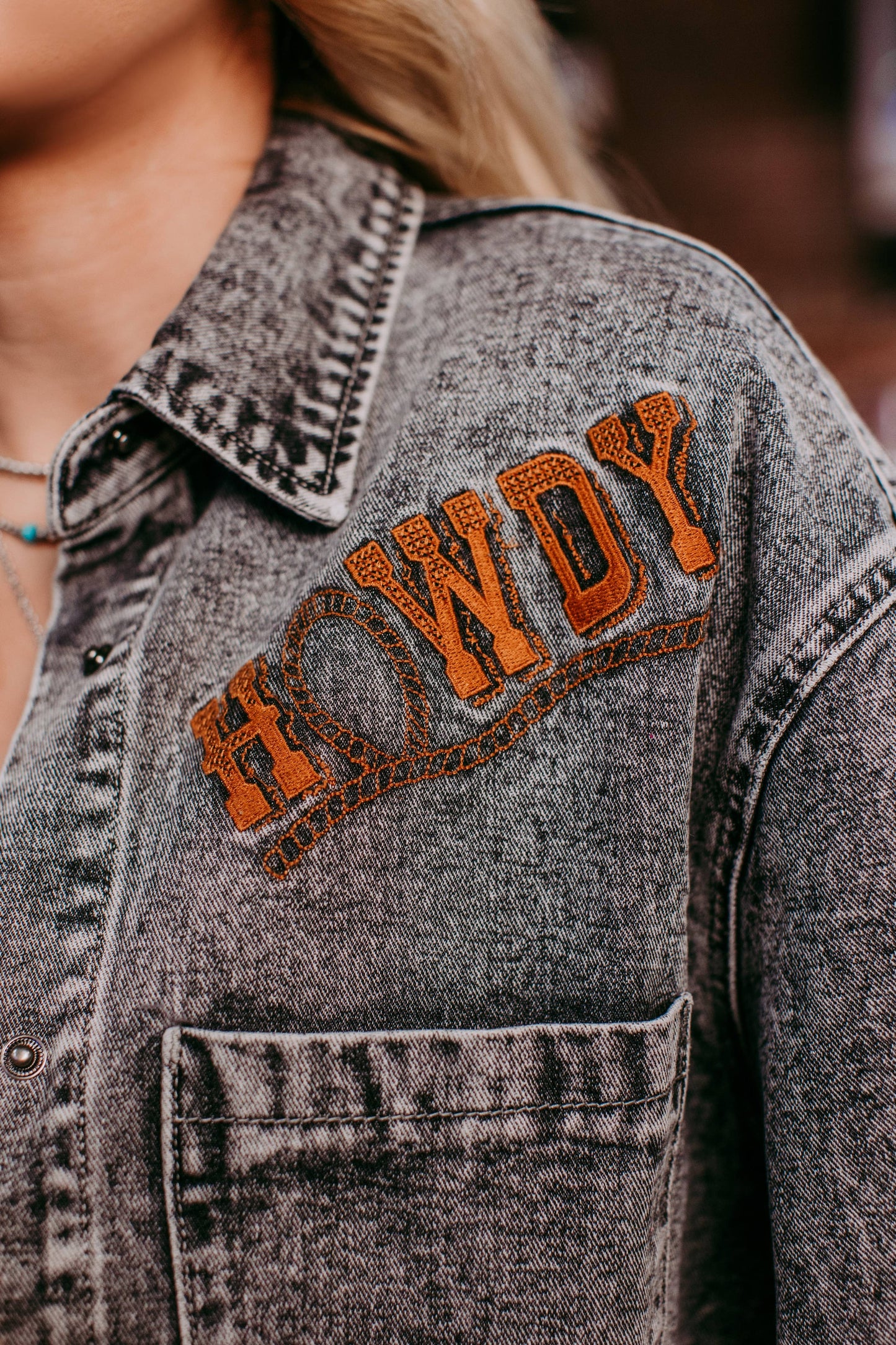 MK671J Wild West Embroidery Denim Shacket: Charcoal / S